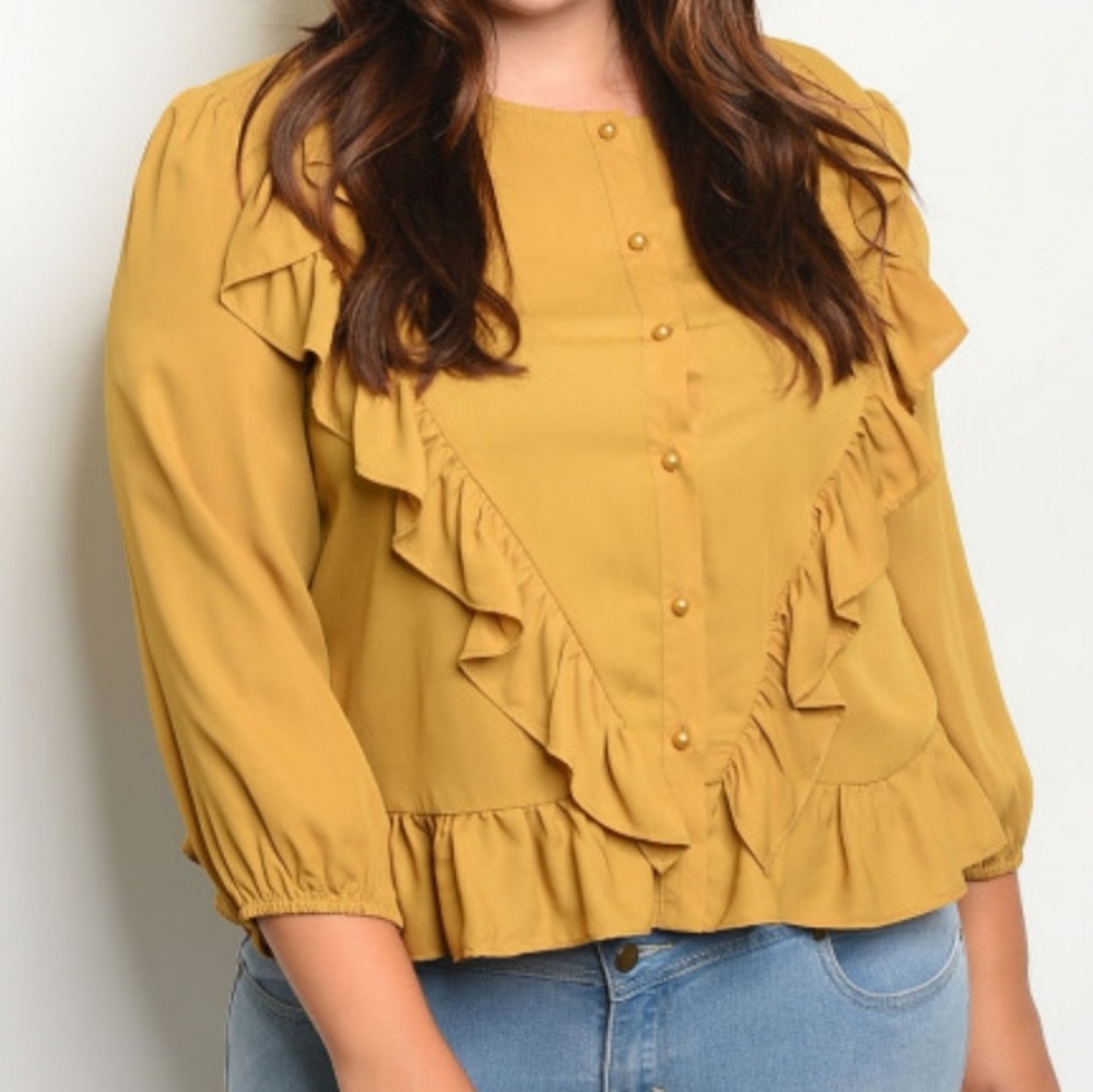 BOHO Plus Size Mustard Yellow Ruffle Shirt
